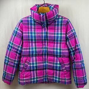 Talbots Down Alternative Pink Blue Plaid Puffer Coat Snap Closure Cozy Pockets S